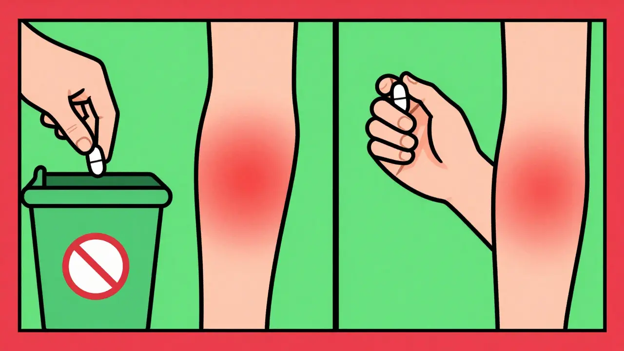 Illustration showing rash fading when pill stopped and returning when restarted