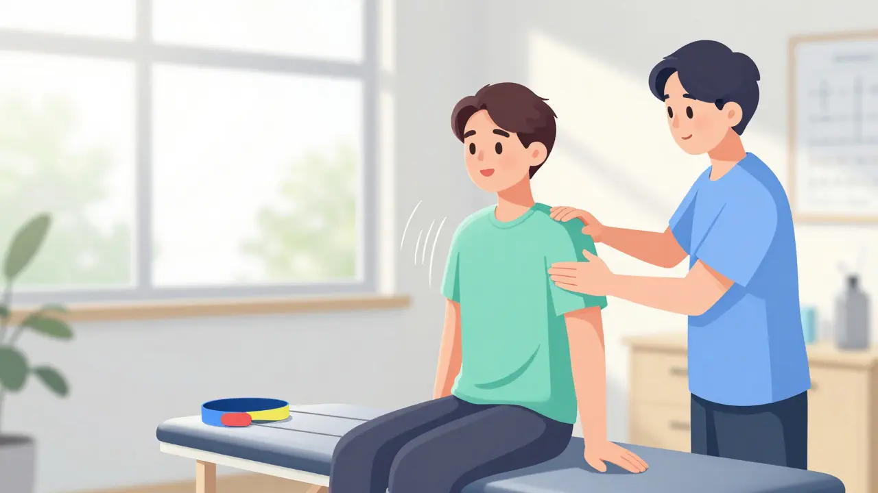 Patient performing pendulum exercises with a physiotherapist in a bright clinic