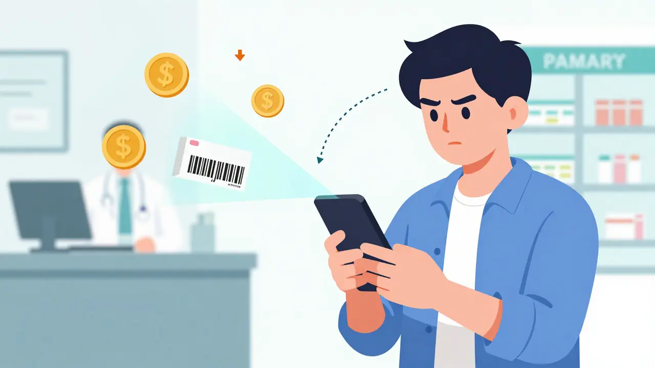 Person using a smartphone to scan a medicine price for savings