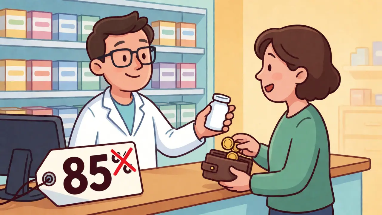 Pharmacist handing medication to a happy patient saving money, depicted in flat illustration style.