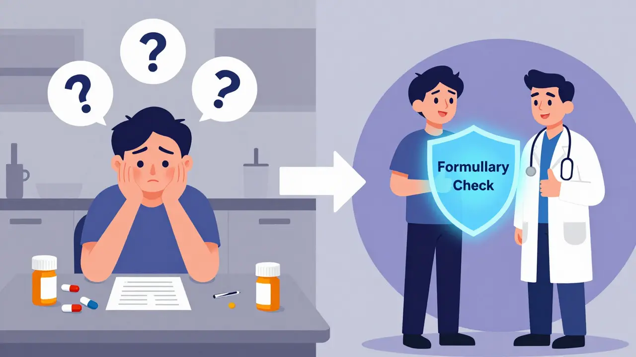 Split-screen cartoon showing a confused patient with pills versus a happy patient consulting a doctor about coverage.