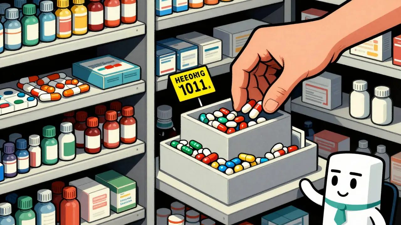 Split view showing controlled pharmacy shelves versus competitive market dynamics