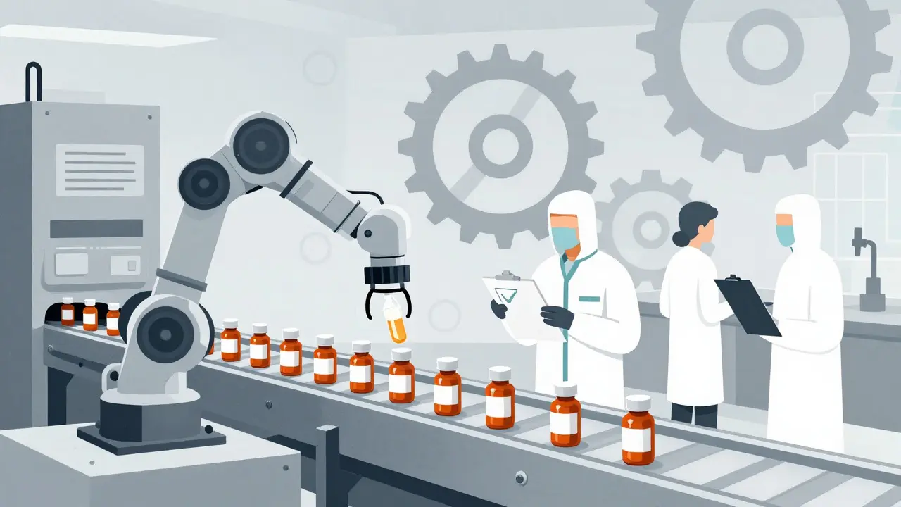 Stylized factory scene illustrating strict pharmaceutical quality control