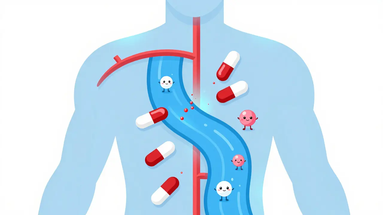 Stylized illustration of drug molecules traveling through a bloodstream.