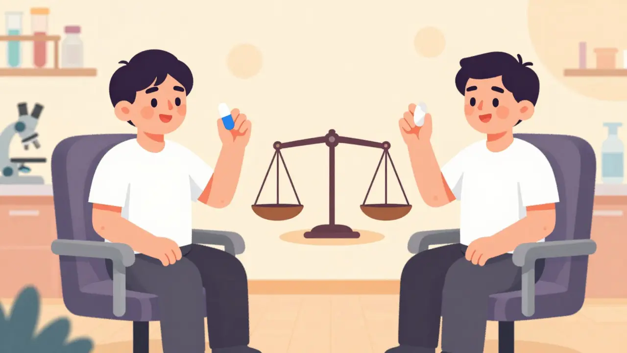 Two volunteers comparing brand and generic pills with a balanced scale.