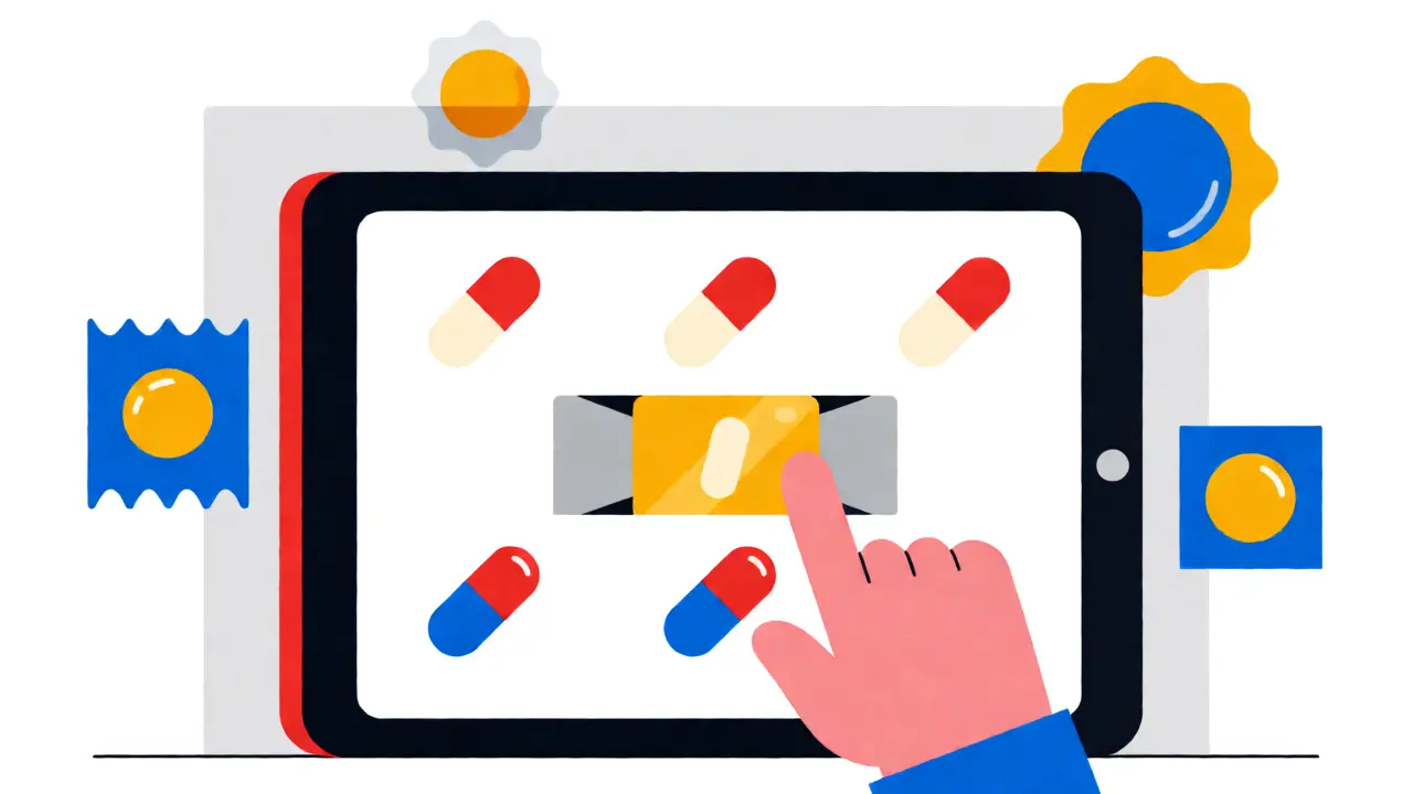 Flat design illustration of a tablet selecting a discount coupon for medication