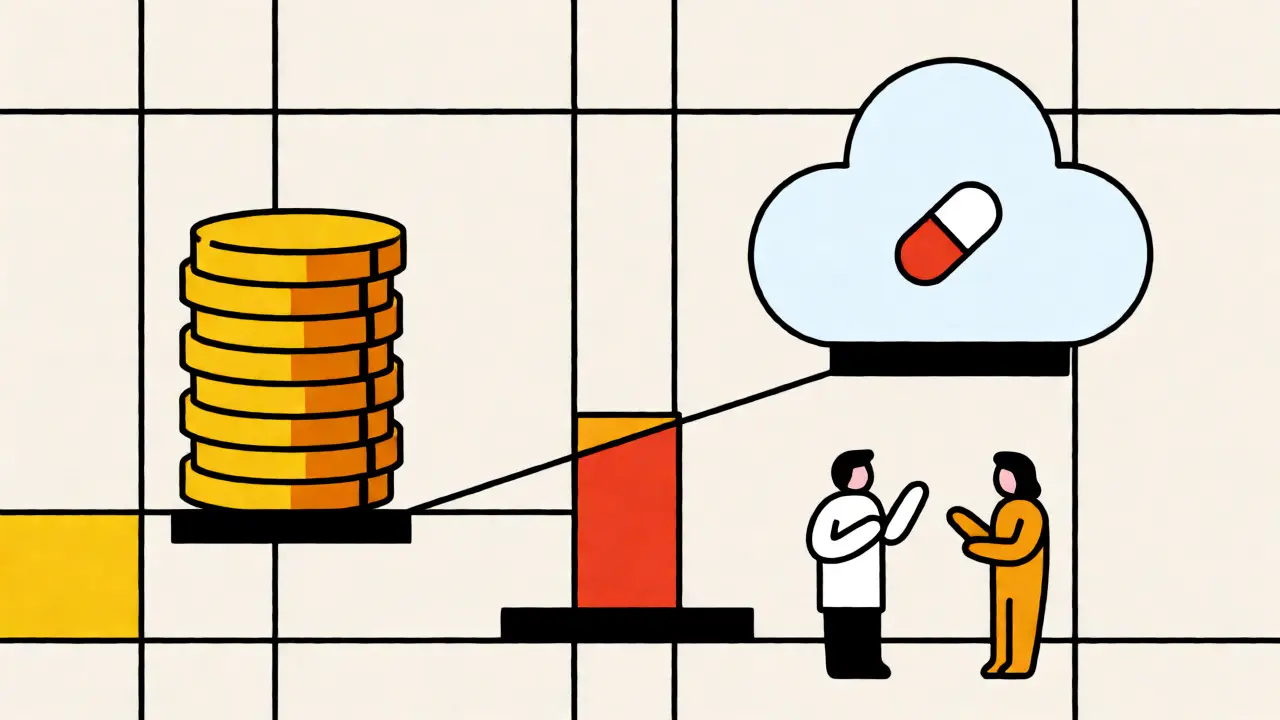 Geometric cartoon showing a scale balancing money against a pill capsule